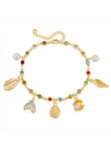 1 pieza Tobillera de estilo bohemio para mujer con cadena de circonita, colgante de concha y cola de pez, para uso personal o como regalo