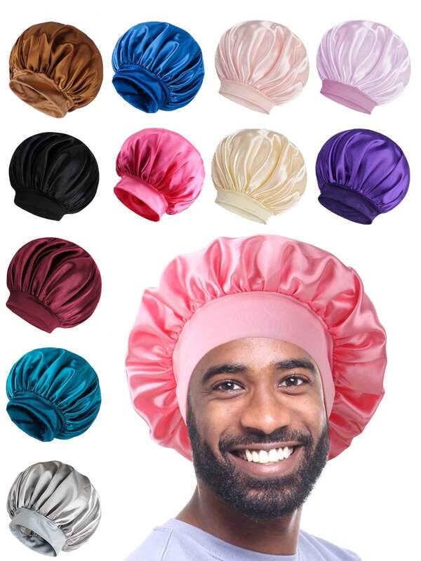 1 pieza Gorros unisex de unicolor con borde ancho, elástico, de seda y satén suave, gorro casual y cómodo para dormir, gorro para el cuidado del cabello