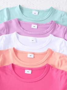 5pcs Girl's Casual Solid Color Comfortable Knit Fabric T-Shirt Outdoor Set, Spring/Summer - Multicolor - View 4