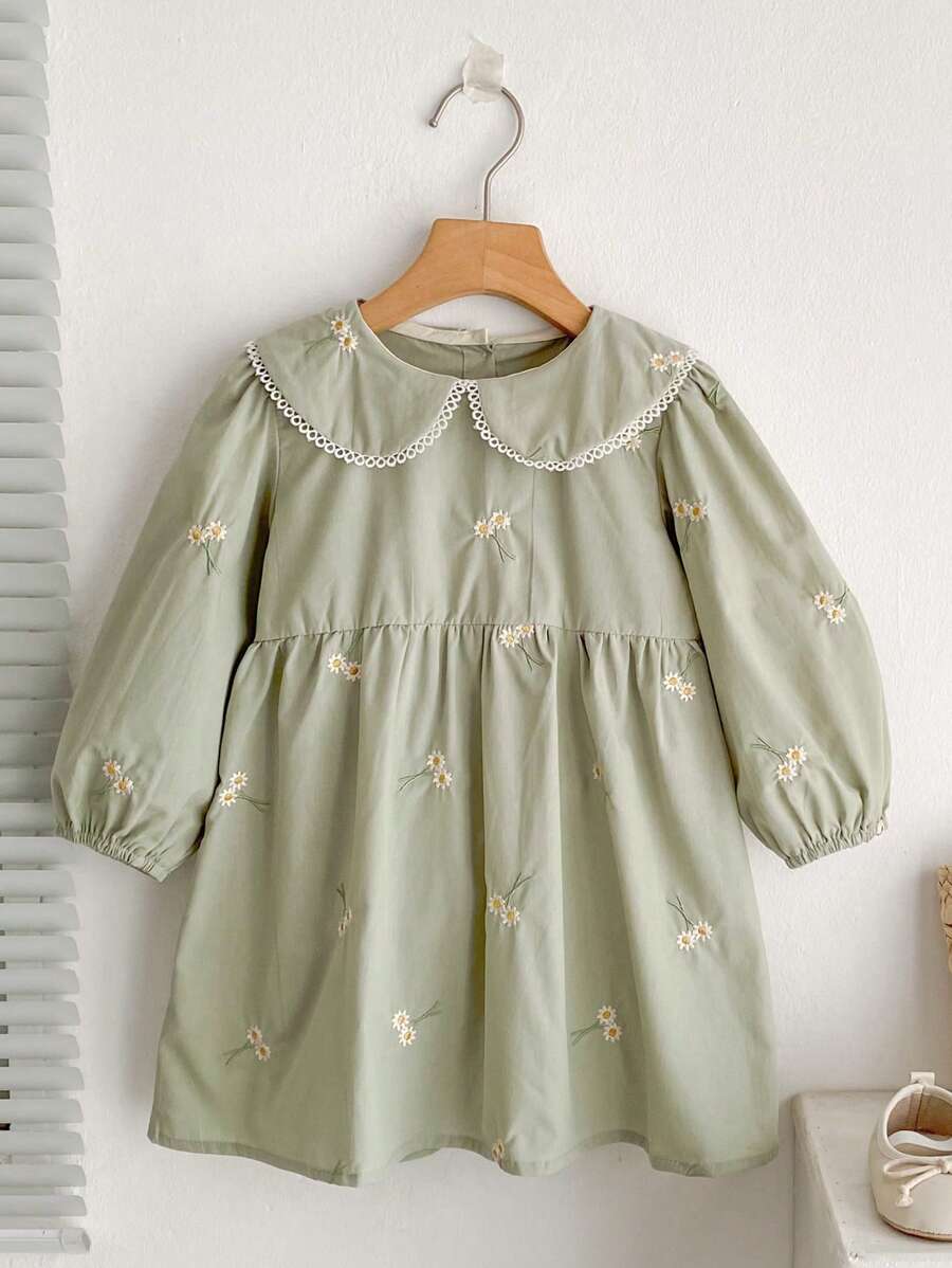 Váy dài tay thêu cổ Peter Pan cho bé gái, trang phục cho trẻ mới biết đi vào mùa xuân và mùa thu