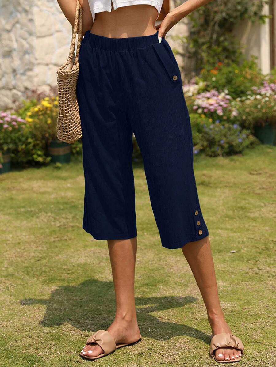 Women's Casual Solid Color Button Decor 5" Shorts, Spring/Summer - Navy Blue - View 1