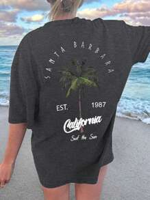 Áo thun nữ hở vai in chữ và hình cây dừa - Màu xám đen - Xem 4