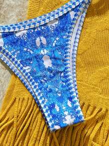 2pcs/Set Women Retro Print String Bikini Set With Striped Trim, Halter Neck Swimwear And Swimwears For Beach Holiday - Multicolor - View 4