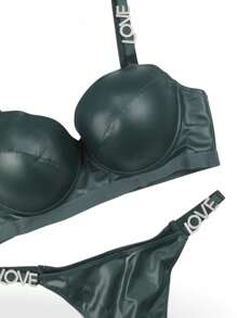 Sexy Vinyl Bra And Thong Set With Incredible Metal Letter Detail With Rhinestones, Smooth Design, High Support, B Cup. - 軍綠色 - 查看 2