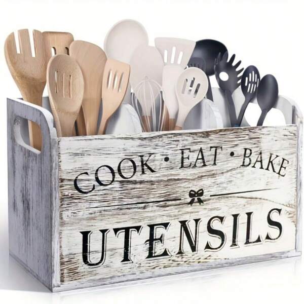 1 pièce Porte-ustensiles de cuisine en bois rustique | Matériau en bois | Boîte de rangement à 3 compartiments, organisateur à poser sur le comptoir ou à fixer au mur | Accessoires de cuisine pour outils de cuisson, de repas et de pâtisserie