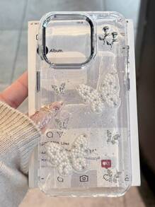 Korean Pearl Butterfly Clear Phone Case Compatible With IPhone 16 15 14 13 Pro Max Transparent Epoxy Sequins Flower Back Cover - Clear - View 3
