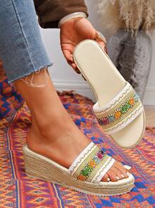 Women's New Fashion Thick Sole Woven Band Rope Wedge Platform Slide Sandals, Outdoor Wear Personalized Comfortable Casual Classic Slip-On Flats - Multicolor - View 2