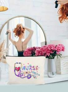 Polychrome Makeup Bag With Creative Patterns Related To The Nurse Theme, A Storage Bag With The Letter "Nurse", Which Can Store Medical , A Multifunctional Beauty Bag,Handbag, Coin Purse, Miscellaneous Storage, Medication Classification