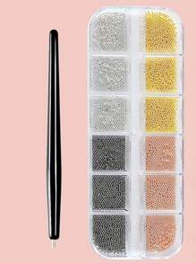 12Grids/Box Mixed Color Stainless Steel Metal Bead Nail Art Decoration 3D Mini Small 1Mm Caviar Ball Silver Charm Faux Pearl Manicure Nail Supplies Nails Nail Charms Nail Gems - Multicolor - View 2