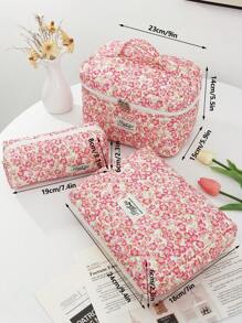 1 PC Pink Floral Quilted Portable Make Up Bag,Fashionable And Casual Large Capacity Portable Zipper Makeup Bags,Travel And Vacation Essentials Cosmetic Bags For Sanitary Napkins,Pouch Pads,Wired Earphones,Headphones,Charger,Lipsticks,Cosmetics,Perfume,Skin Care And Beauty Products,Home Decor,For Mom,Women,Nurses,Students,School Girls,Keys,Holiday Gifts
