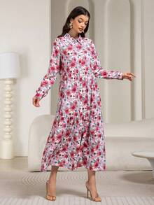 Vestido largo de manga larga con cuello, estampado, parches y botones para mujer, modesto - Rojo - Ver 4