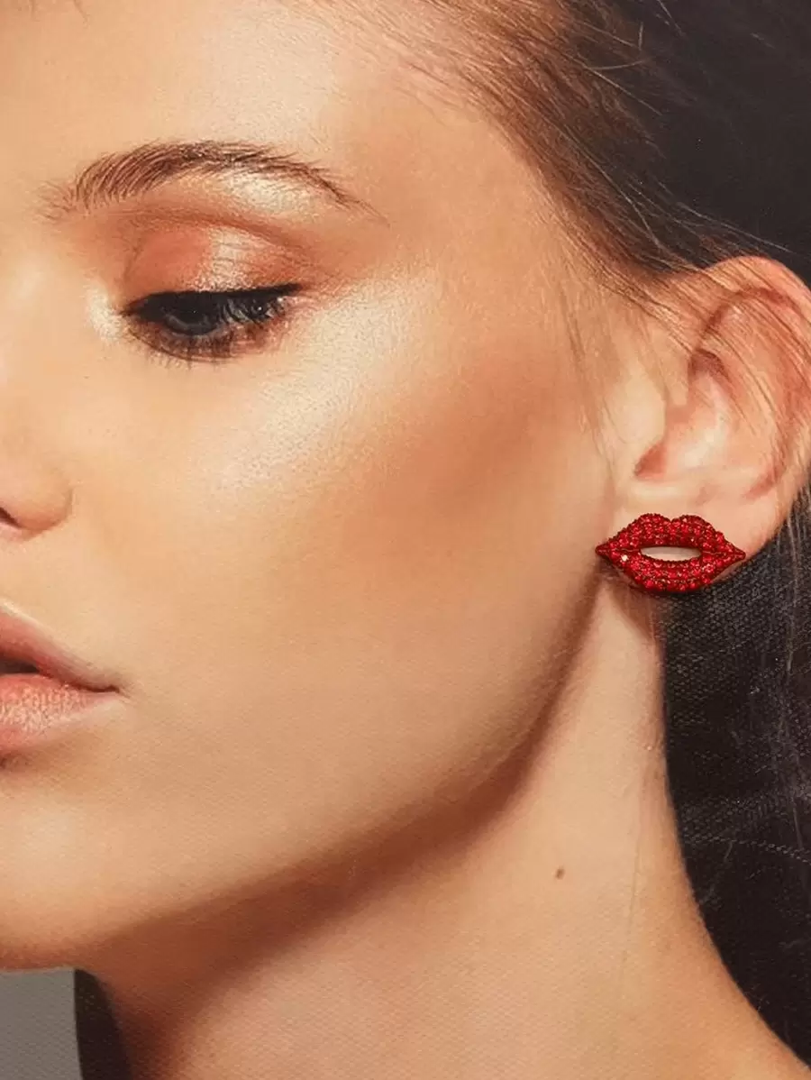 1 对红色水钻唇膏耳钉，适合日常佩戴 - 紅色 - 查看 1