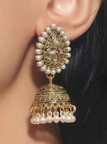 1 Pair Pearl & Rhinestone Water Drop Shape Tassels Alloy Earrings, Bohemian Bell Dangle Earrings