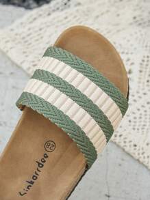 1 paar nieuwe minimalistische casual geweven gestreepte contrasterende kleurdecoratie voor kinderen, antislip zachte kurk platte open teen strandsandalen, geschikt voor de zomer