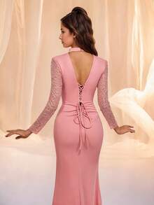 高端优雅对比亮片珠饰晚礼服婚礼宾客伴娘礼服端庄女士礼服舞会礼服晚宴、婚礼、鸡尾酒会、返校节、毕业典礼、春季女士装礼服