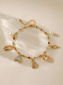 1 pieza Tobillera de estilo bohemio para mujer con cadena de circonita, colgante de concha y cola de pez, para uso personal o como regalo