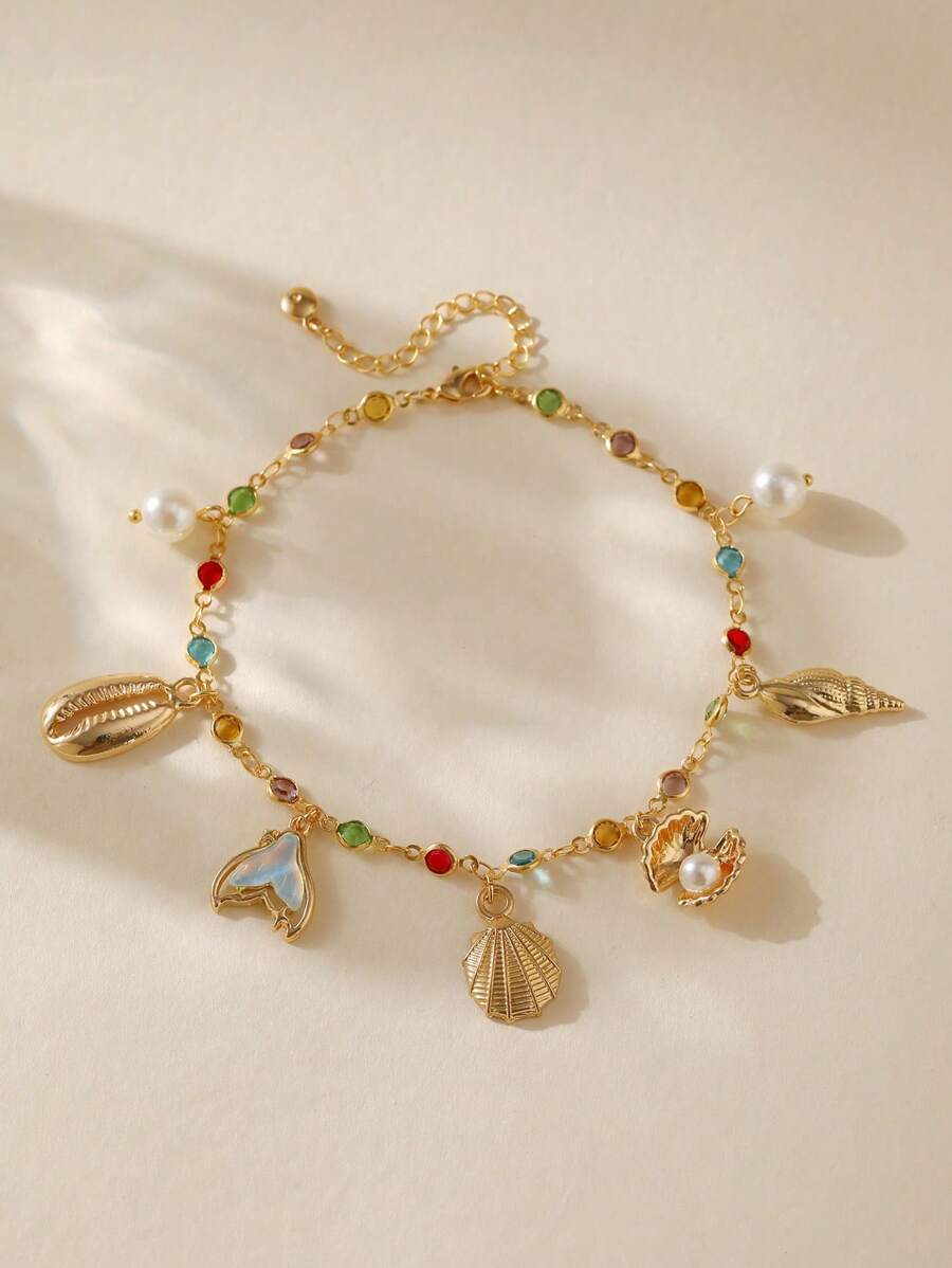 1 pieza Tobillera de estilo bohemio para mujer con cadena de circonita, colgante de concha y cola de pez, para uso personal o como regalo