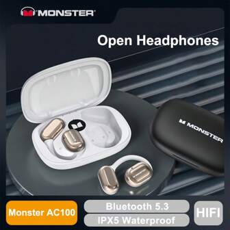  Monster Open Ear AC100 无线蓝牙耳机骨传导防水 IPX5 蓝牙 5.3 运动立体声 HIFI 耳机通话降噪游戏耳塞大容量电池配备触控耳塞佩戴舒适