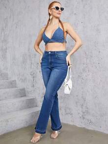 Damen Skinny Jeans mit hoher Taille und Stretch, lässige Schlaghose, elegante & minimalistische Serie