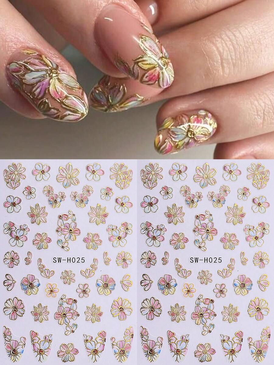 2片彩色花卉美甲贴纸，金色花瓣边缘，DIY图案自粘贴纸，适用于亚克力指甲和美甲配件。 - 彩色 - 查看 1