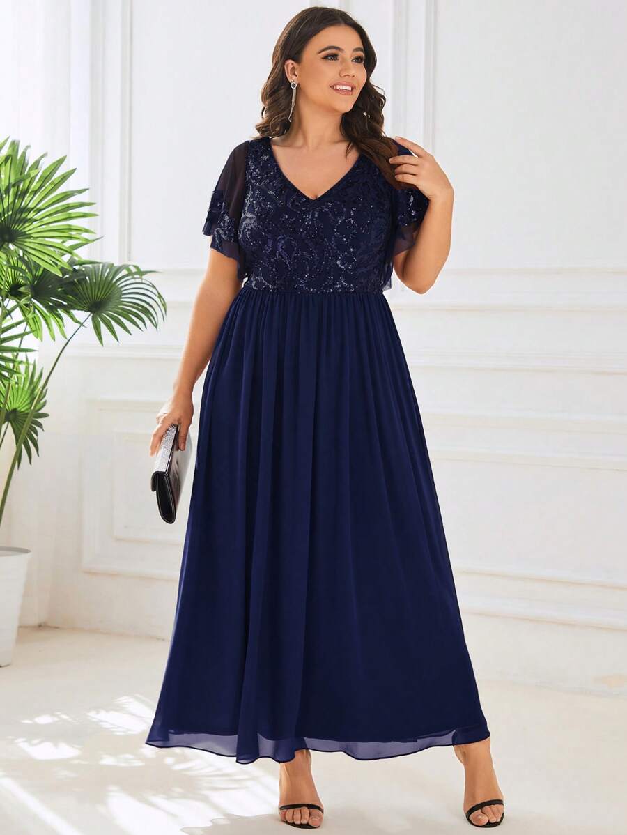 EVERPRETTY Plus Elegant V Neck Floral Sequin Contrast Tulle Spring Formal Dresses For Bridesmaid - Navy Blue - View 1