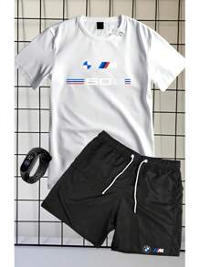SET OF 100% COTTON SHORT SLEEVE T-SHIRT, TACTEL SHORTS, BMW 50 PRINT + FREE WATCH