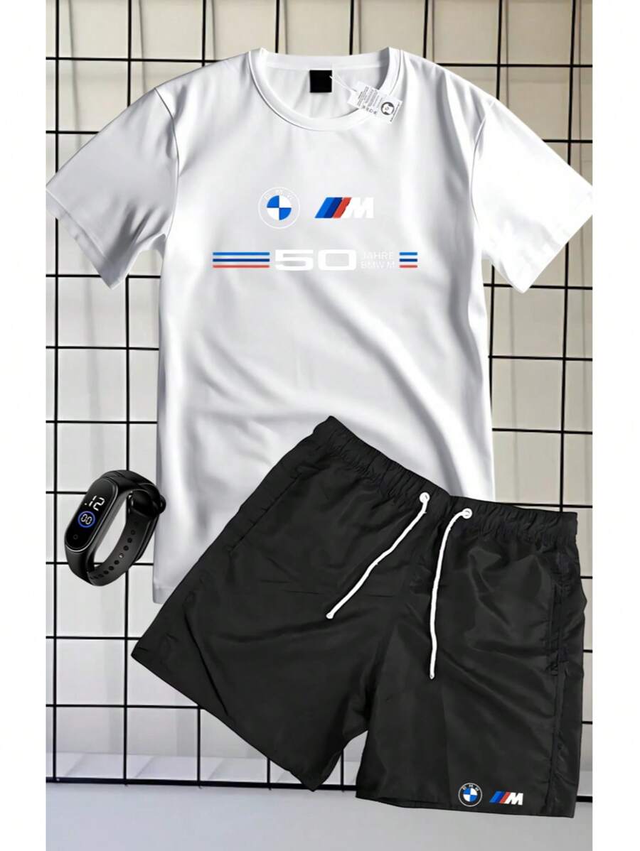 SET OF 100% COTTON SHORT SLEEVE T-SHIRT, TACTEL SHORTS, BMW 50 PRINT + FREE WATCH