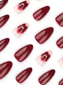 Set de 24 uñas postizas de forma de almendra larga, uñas de verano rojas y simples francesas, uñas falsas con estampado de flores, brillantes, adecuadas para mujeres y niñas en cualquier ocasión