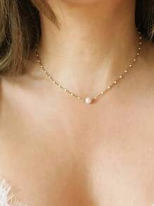 1 pieza Collar metálico con colgante de perlas falsas, estilo veraniego para uso casual diario