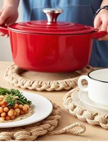 手工编织绳锅垫、杯垫、耐热餐垫、日式乡村风格餐垫，现货 - 卡其色 - 查看 3