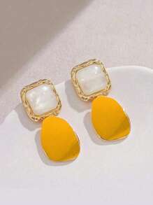 1 par de pendientes cuadrados asimétricos de color burdeos retro, elegantes y lujosos - Amarillo - Ver 2