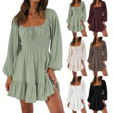 Women's Spring Autumn Short A-Line Dress Long Sleeve Square Neck Ruched Tie Up Party Dress - White - View 2