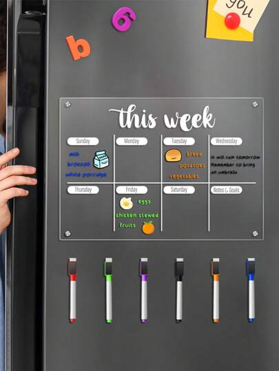 1pc Weekly Planner Transparent Acrylic Refrigerator Magnet Board (6 Magnetic Dry-Erase Pens Included), 2mm Thick Acrylic Weekly Planner Board With Magnetic Pens, Erasable, For Fridge, Wall, Office Calendar