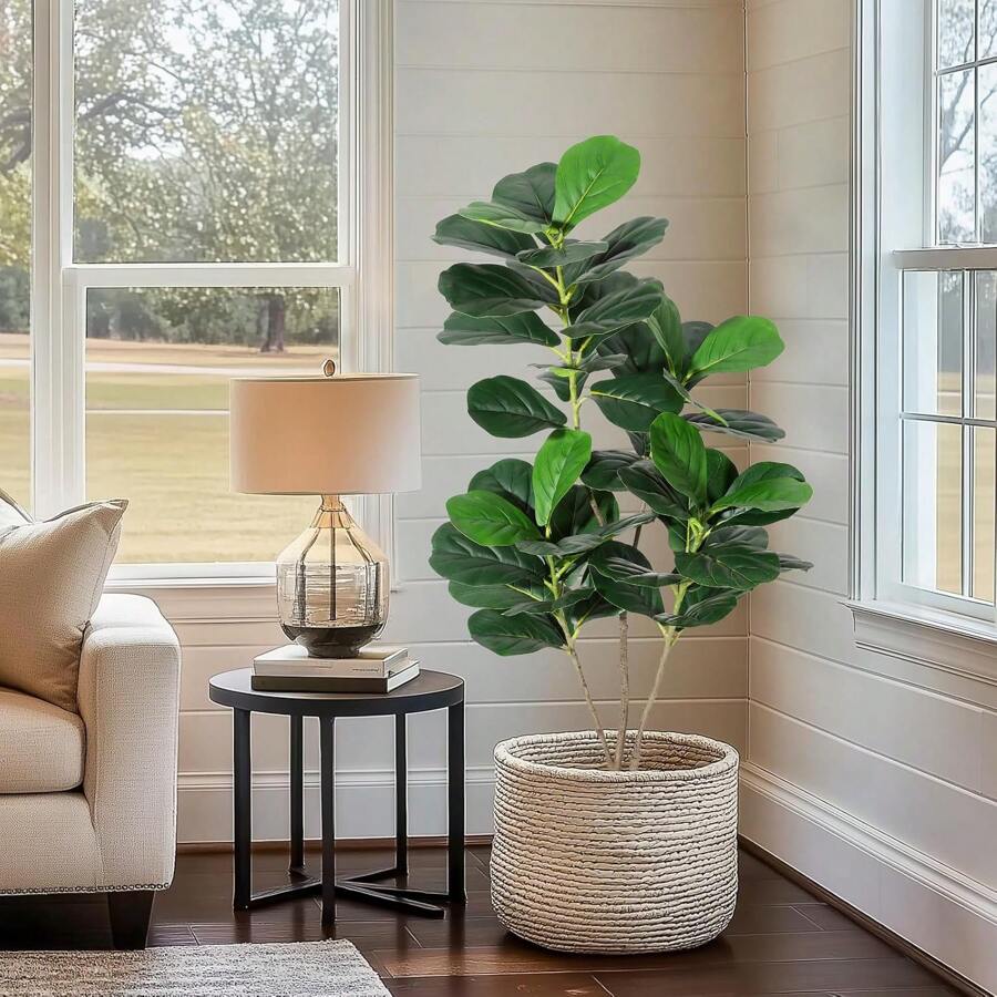 Artificial Tree,Faux Fiddle Leaf Fig Tree,6ft Tall Ficus Tree Artificial For Home Decor,Fake Lyrata Fig Plants Green Tree With Pot For Indoor Outdoor Home Office Living Room Bathroom Decor - 4 英尺 - 查看 1