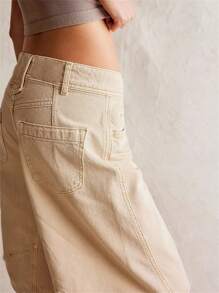 Womens Knee Length Denim Shorts Solid Color Low Waist Wide Leg Jean Shorts For Summer - Khaki - View 4