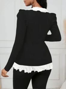 Women's Ruffle Trim Long Sleeve Lightweight Jacket, Spring/Autumn - Black - View 2