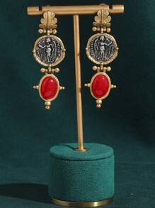 Vintage Tarnished Copper-18K Gold Plated Antique Coin Cameo Portrait Earrings With Faux Agate & Glass Crystal Beads