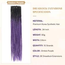 10 Strands 24 Inch Double Ended Synthetic Dreadlock Extensions - Straight Fake Dreads In Dark Purple 10 Strands/Pack Easy To Style & Reusable Lightweight & -Free Dreads Extensions - Multicolor - View 4
