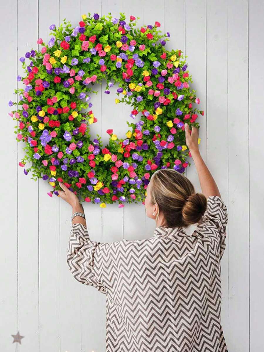 18in Farmhouse Colorful Cottage Wreath Spring Decoration, Durable And Stable Beautiful Artificial Wreath, All Seasons Hanging Ornament Festival Home Decor Yard Wedding Decoration - G - 查看 1