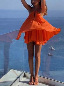 女士性感深V领吊带露背宽松A字荷叶边迷你连衣裙，适合度假、街头穿搭、热带风情 - 橘色 - 查看 5