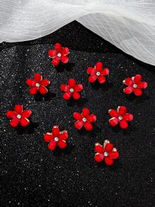 10pcs Women Rhinestone Flower Hair Claws, Red Tone, Elegant Style, Metal Material, Suitable For Everyday Casual Use