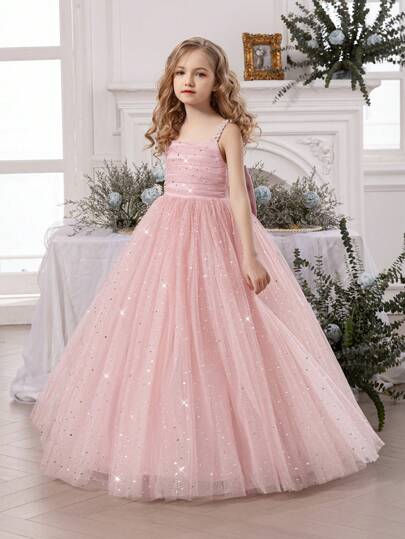 Tween Girl Pearl Strap Star Mesh Bow Decor Pink Christmas Dress, Elegant Princess Gown Suitable For Girls Birthday Gift, Teenager Party, Wedding, Flower Girl, Thanksgiving, Graduation