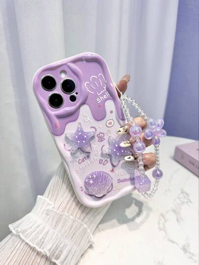 1pc Cartoon Starfish Shell Pattern Painted Protective Phone Case With Wrist Strap Accessory, Compatible With IPhone 16/16 Pro Max, IPhone 15, IPhone 14, IPhone 13, IPhone 11, IPhone XR/7/8, 14 Plus Mobile Phones, Applicable For Various Models Waterproof Shockproof Anti-Fall Scratch Resistant
