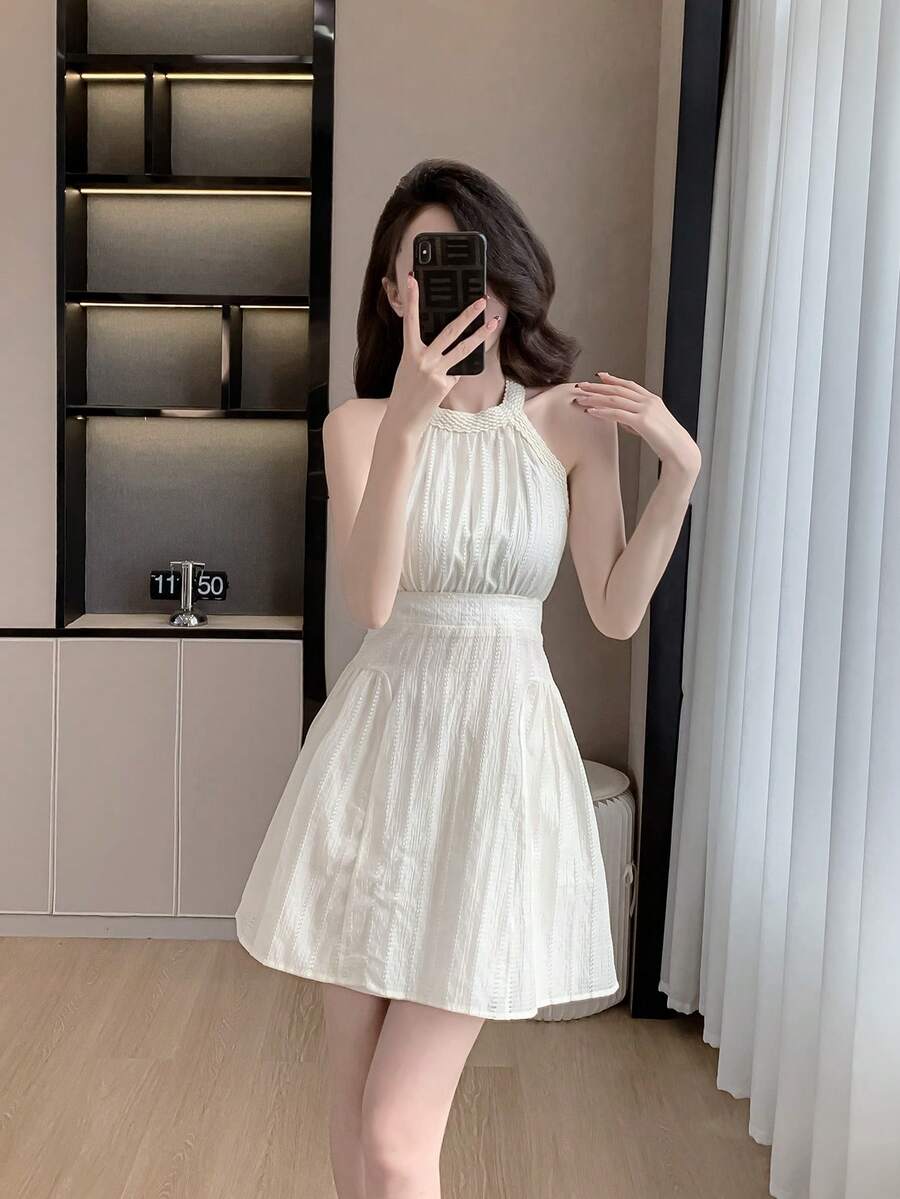 RUIWY Chiffon Apricot Color Waisted Slimming Comfortable Breathable Elegant Fashion Lady Dress, Sleeveless Short Design With Big Bow Back, Suitable For Spring And Summer