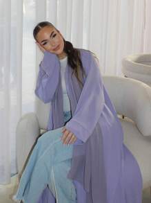 1pc Women's Fashionable Minimalist Solid Color Style Robe, Elegant Open Front Long Robe Abaya, Suitable For Daily Wear And Holidays,Modest,Kaftan - Mauve Purple - View 3