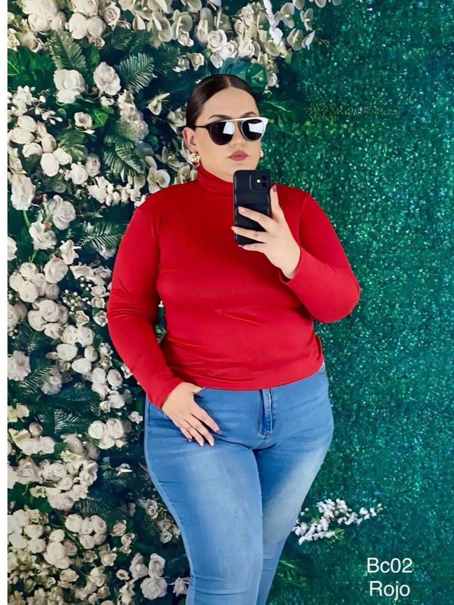 Blusa con cuello alto y drapeado, talla grande - Rojo - Ver 1