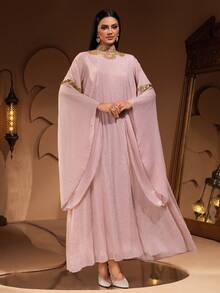 New Fashionable Luxury Rhinestone Embellished Women's Long Robe - Pink - View 4