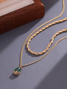 2pcs/Set Fashion Twisted Macrame Wave Collar Necklace With Copper Inlaid Shiny Green Cubic Zirconia Water Drop Pendant, Multi-Layer Wear, Suitable For Women Daily Use - Yellow Gold - View 4