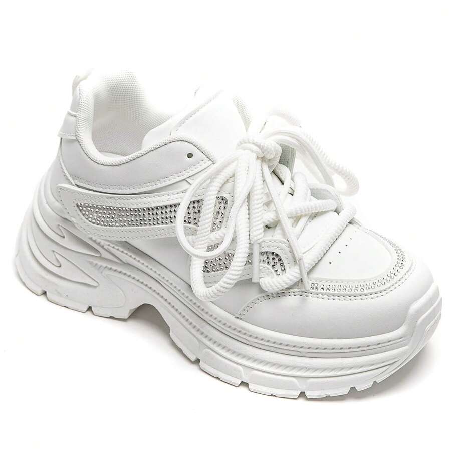 Platform Sneakers With Rhinestones And Sculpted Details – Street Look And Comfort Guaranteed - White - View 1