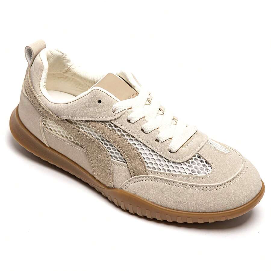 Low-Top Lace-Up Sneakers With Panel Detailing And Side Stripe - Khaki - View 1
